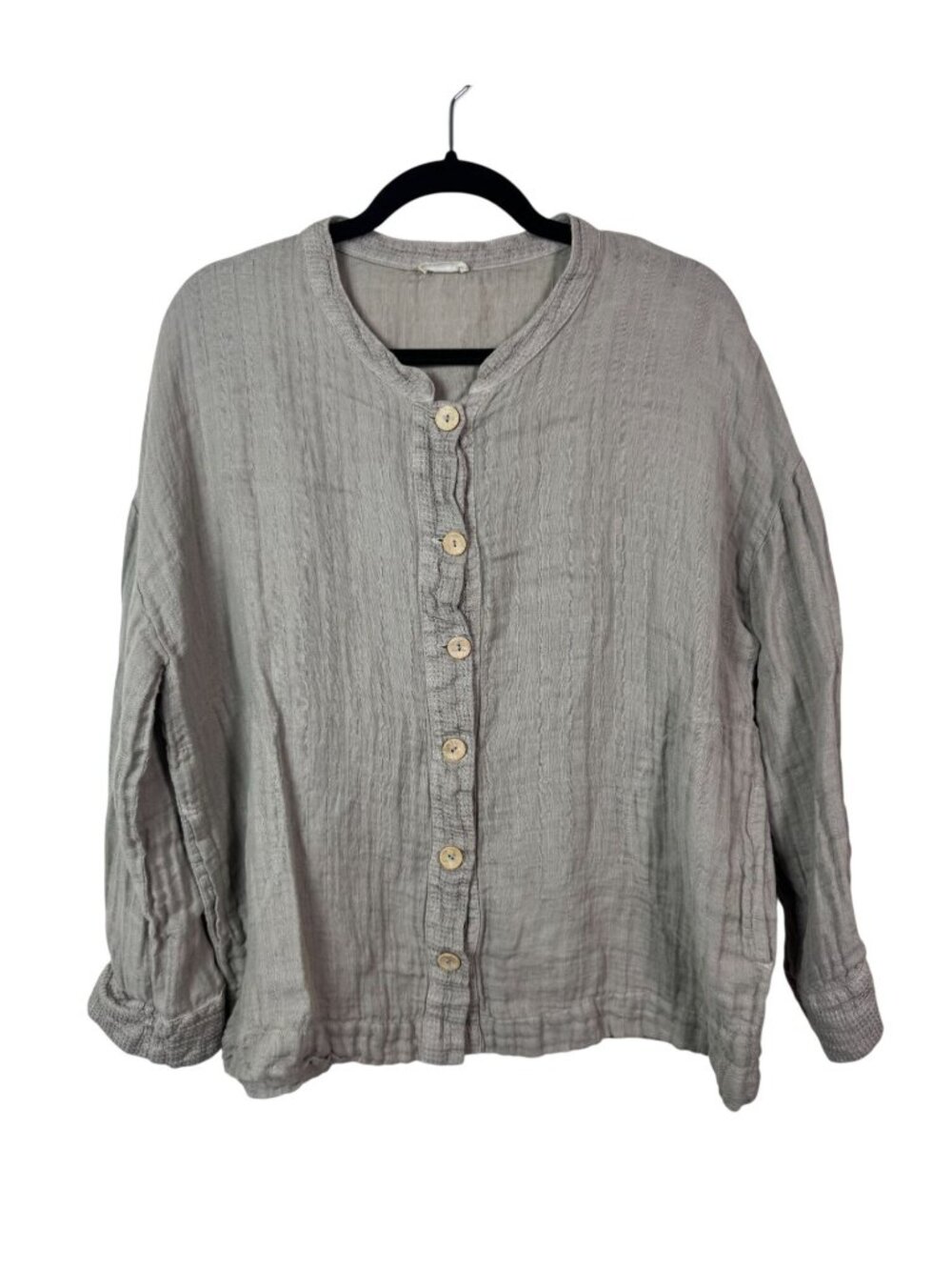 Button Up Beige Gauzy Linen Cotton Blouse Mix & Co XS Lagenlook Long Sleeves